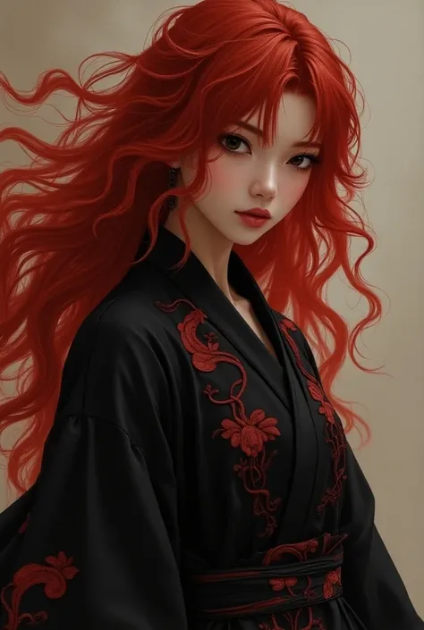  is a young Japanese woman with long red hair and fiery waves that reflect her strong energy. Her eyes are black and highlight her passion and inner confusion.
 She wears a black robe with dark red embroideries, with a long coat that shows black fire on he...