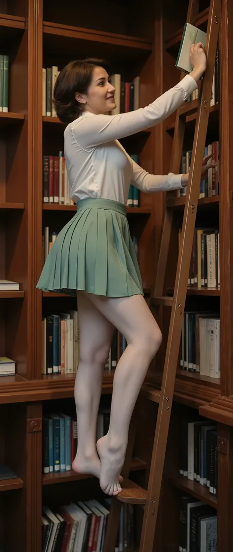 [sfw, Masterpiece, (side view), high quality, high resolution, professional photo, ((Realistic)), photorealistic, Photography], Cute mature female 55yo teacher, slim waist, she wearing light green pleated skirt, Standing in front of the bookshelf in the li...