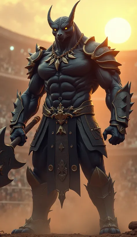 The Titan of the Arena, a massive humanoid Pantera, stands in the center of the grand coliseum. His sleek black fur glistens with a metallic sheen, his muscles bulging with power as he clenches a large, spiked mace in his right hand. His fierce yellow eyes...