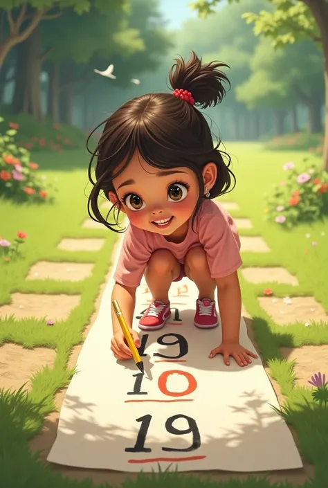 Hopscotch girl on a sheet writing the numbers from 10 to 19