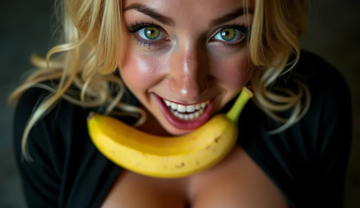 On a dark background. A close-up of a  35 year old woman lying on a sofa with a banana on her hand, close to her mouth, Milf, blonde hair, green bright eyes, very sexy, Black shirt, big cleavage. top view, Her face shows expression of crazyness with a big ...