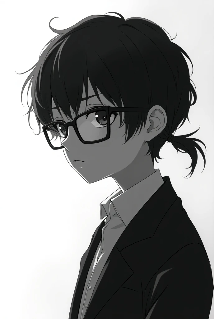 anime character with square glasses looking to the side in black and white