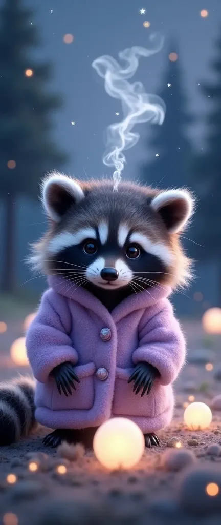 A photo of a cute, extra fluffy baby raccoon with a distinctive black mask and bushy fur. The raccoon is wearing a fluffy, lavender-hued garment. There is a delicate smoke or mist rising above the raccoons head, blending seamlessly with the starry sky. The...