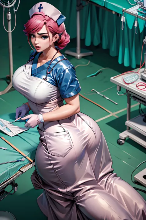 nurse uniform,hospital, latex nurse suit,nurses,busty,elbow gloves,labcoat,black hair woman,blueeyes , gigantic ,medical instrum...