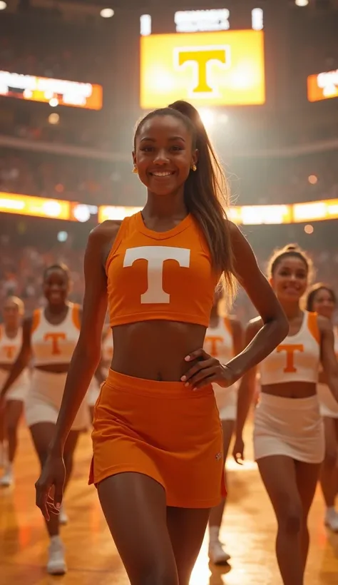 A confident University of Tennessee cheerleader, Penny Barnes, Caucasian stands tall at 61" in a vibrant orange uniform with a capital "T" shining brightly in the spotlight, amidst a sea of enthusiasm at Nashvilles Bridgestone Arena. Shes surrounded by a t...