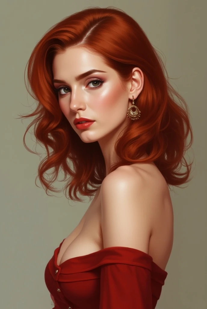  woman with wavy red hair at shoulder length .  She wears small, round earrings and has a serious look turned slightly to the side.  Her makeup is soft , especially the light red lipstick .  She is wearing a sleeveless red outfit with a discreet neckline .