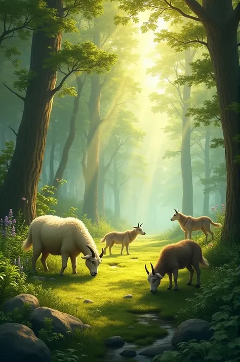 Create a scene of a lush green forest where goats are peacefully grazing in an open area. Nearby, a few wolves are sitting calmly, showing no aggression towards the goats. The forest features tall trees and vibrant greenery, with sunlight filtering softly ...