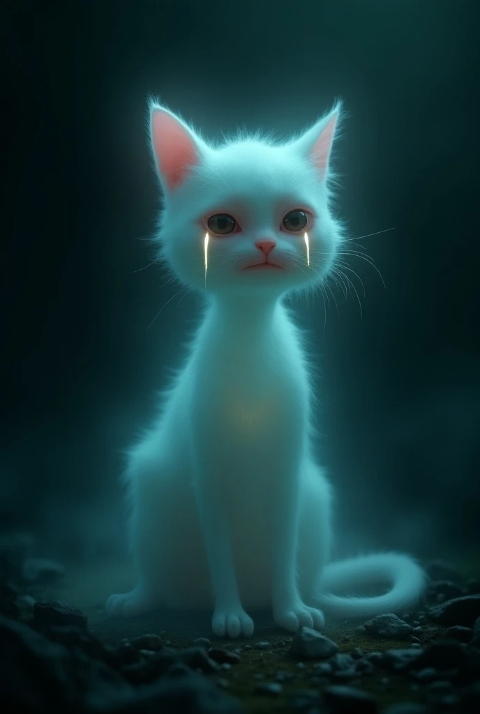 A ghost in the shape of a cat crying has big tears in the corner. 
