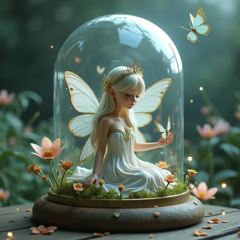 an image of a fairy in a glass dome with a butterfly in front of it, by Lilia Alvarado, butterfly in jar, stunning 3d render of a fairy, beautiful fairy, fantasy beautiful, fairy atmosphere, fairylike