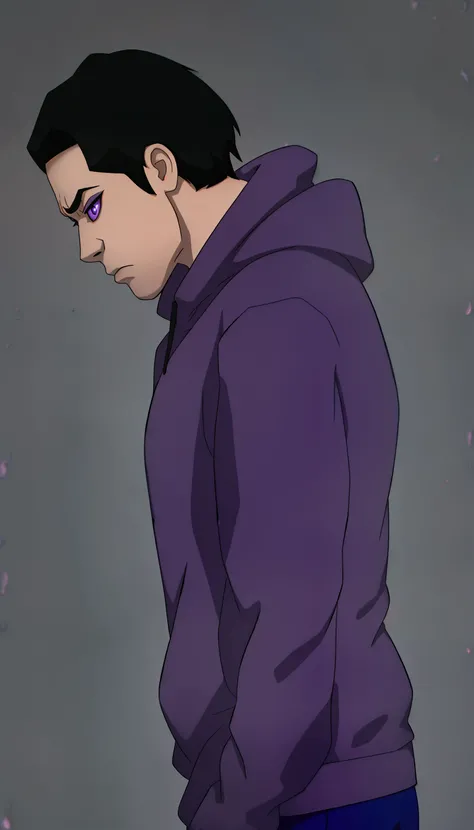 A young American man wearing a purple sweatshirt,  black hair , depressive (MICHAEL AFTON DE FNAF)