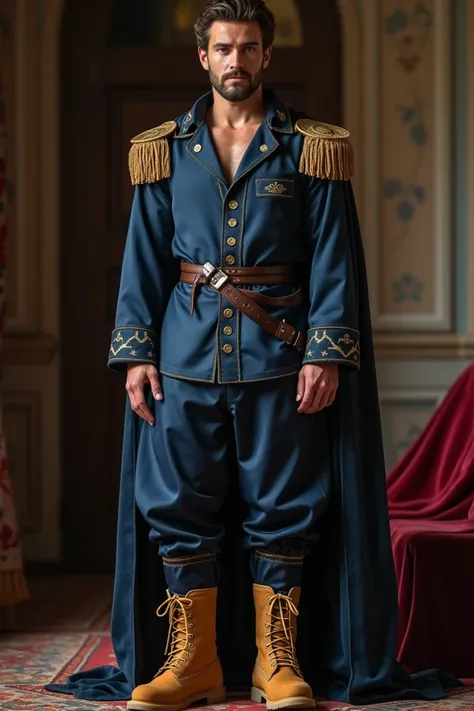 Medieval prince outfit wearing dark blue long sleeves satin pajama, wheat color highcut timberland shoes, and tassel epaulette, without cape. 