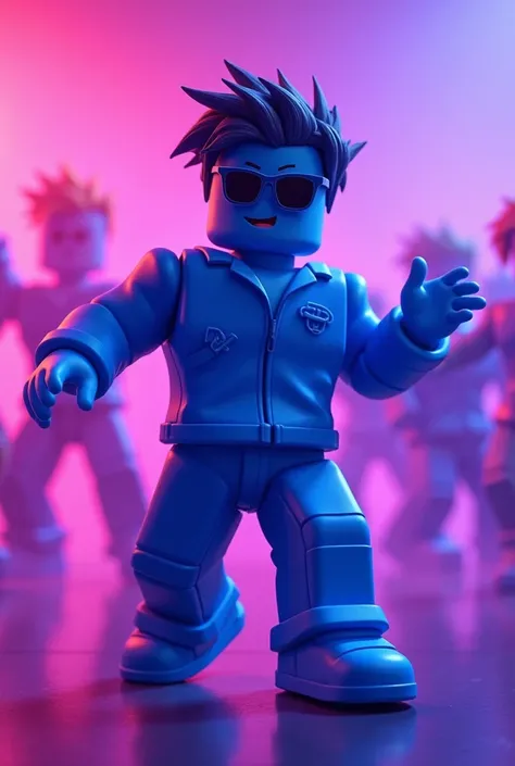 a blue boy roblox player with purple back graund
 and cool for my youtube channel with a blue out fit with a sun glasses doing dance