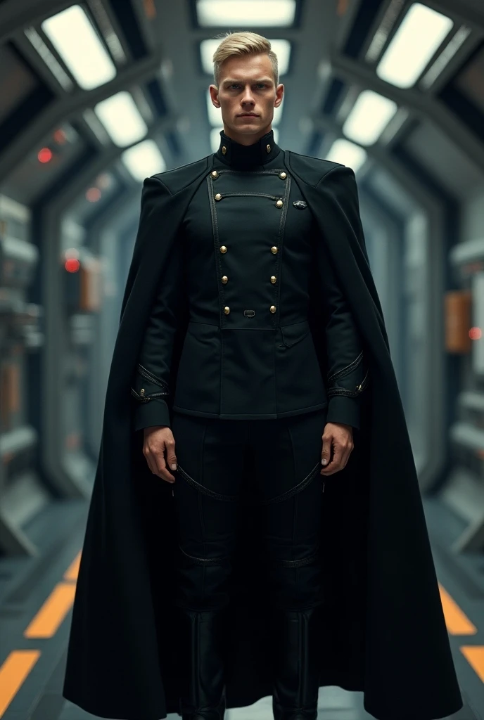 Portrait of a young caucasian man, 30 years old. Norwegian features, short blonde military haircut, blue eyes, wearing a black Star Wars imperial officer Uniform, no buttons, black tunic, black jodhpur pants, black boots, black cloak, standing in a spacesh...