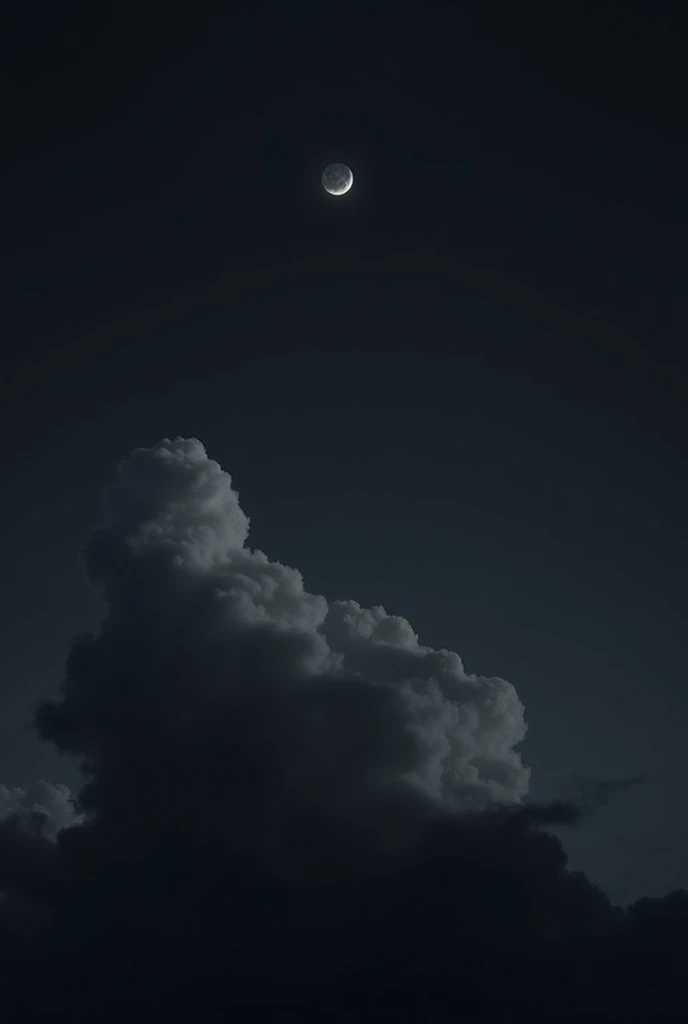 The viewpoint must be a picture of the sky looking from top to bottom. 
The black cloud is at the bottom of the photo .  The cloud must not cross the middle of the photo . Clouds must clump together and spread over a wide area. 
There is a small full moon ...