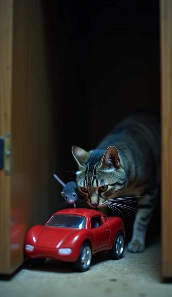 Inside a dimly lit closet, a small gray mouse is visible holding the edge of a red toy car, attempting to pull it through a narrow gap. A gray tabby cat crouches just outside the closet door, ready to pounce. The atmosphere inside the closet is shadowy and...