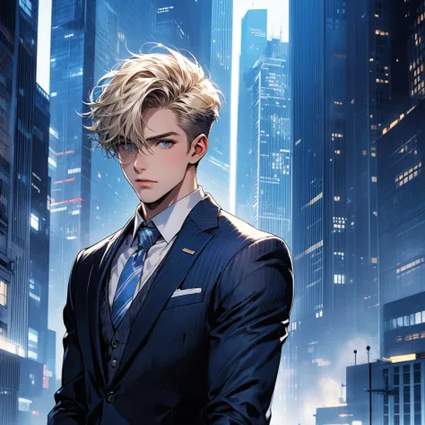  A young blond guy with short hair in a bodyguard business suit skyscrapers on a background of blue and white shades . 