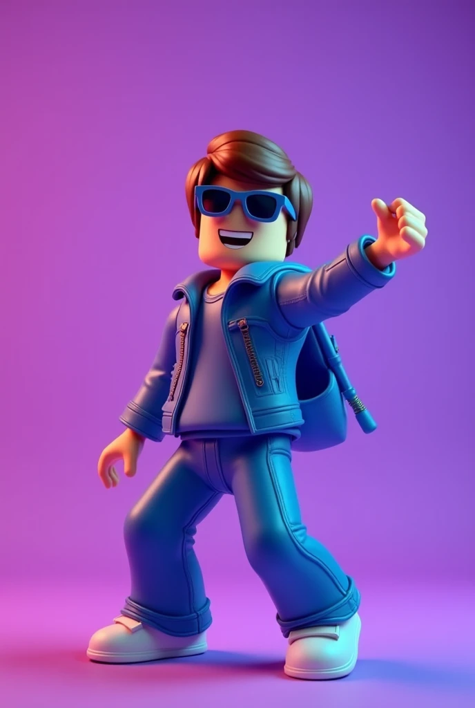 a boy roblox player with purple back graund
 and cool for my youtube channel with a blue out fit with a sun glasses doing dance