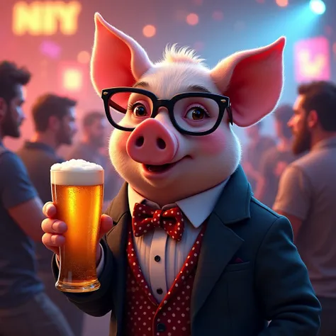 handsome pig with fashion glasses and classic polka clothes, drinking beer at party night, rave