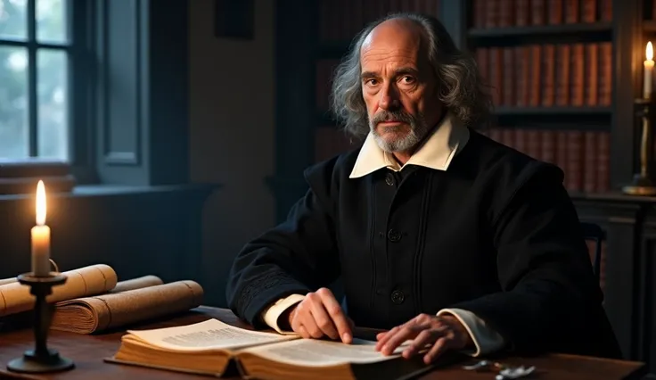 A hyper-photorealistic portrait of Thomas Hobbes, the eminent 17th-century philosopher, captured in an intimate and dramatic study setting that reflects his intellectual depth and the weight of his ideas. Hobbes is depicted as an older man with a high fore...