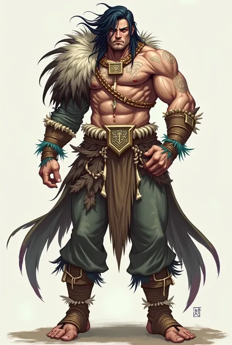  tall anime character , strong,  black hair , shaman warrior , painting of Norse runes on the body , white pele,  primitive clothes with animal bone ornaments and bird feathers 