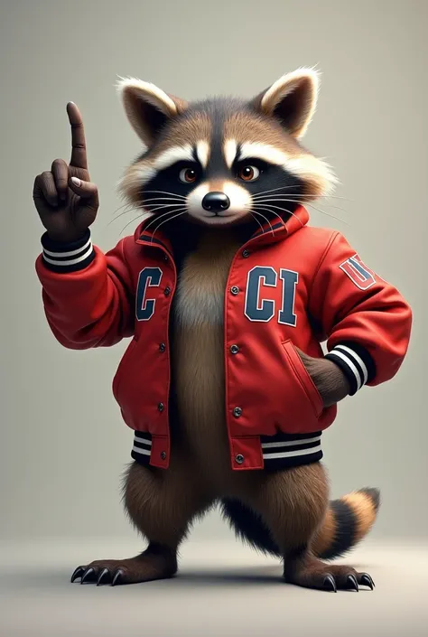 Super strong raccoon wearing a college jacket that says CUCI, pointing up,  Make it realistic

