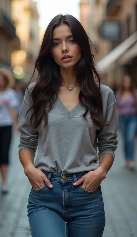 beautiful Caucasus girl in jeans, in long sleeve t shirt, black hair, 20 years old, big booty body, full body view, in a street, she is watching to camera, singing a song