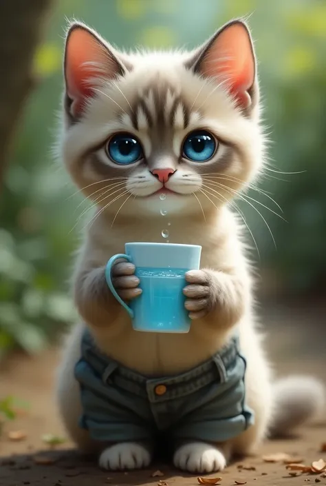 Beautiful cat holding a cup of water she has blue eyes and wearing shorts 
