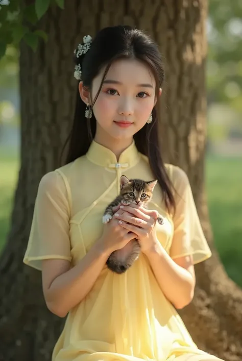 Best Quality, (Realistic Detailed), 16K, Ultra High Definition, High Resolution, Gentle Focus, Elegant, Full Body Portrait, Sunshine, Raining, Rainbow, Garden, A beautiful Chinese girl is holding a kitten with her hands, sitting near a huge ancient tree, P...