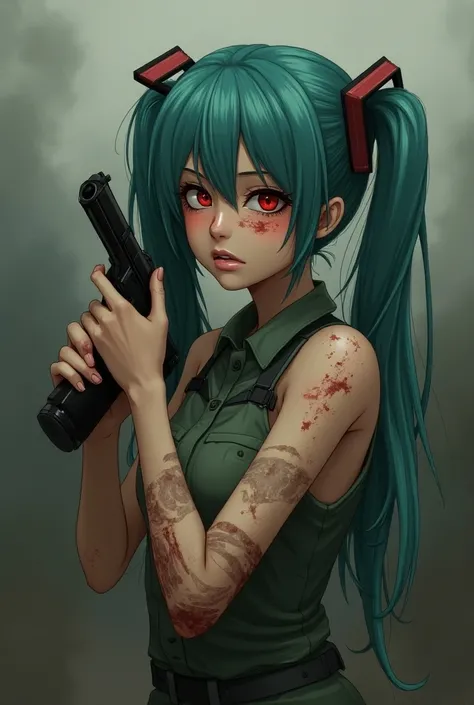  Miku dressed as a Vietnamese pigeon during the war,  1 arm was broken bleeding from being hit by bullets ,  face painfully endured pain , hand still holding a gun 

