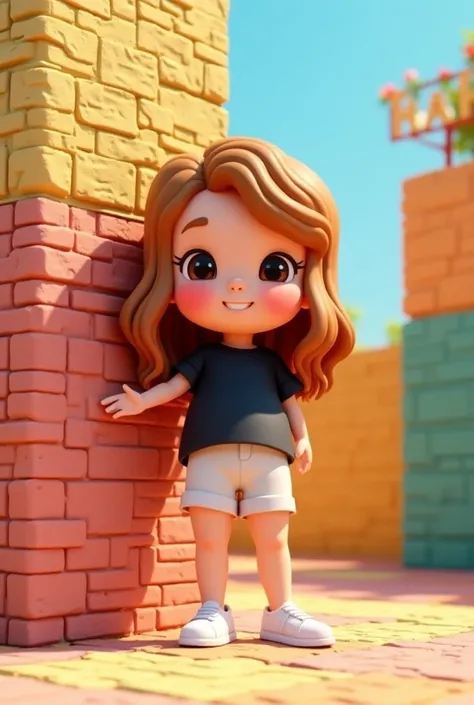 A cute 3D cartoon chubby girl have a long wavy hair wearing black shirt, white shorts and white shoes while posing on a big slanted colourful brick wall has a girly cute font graffiti name Rachel Anne on the right side of a wall