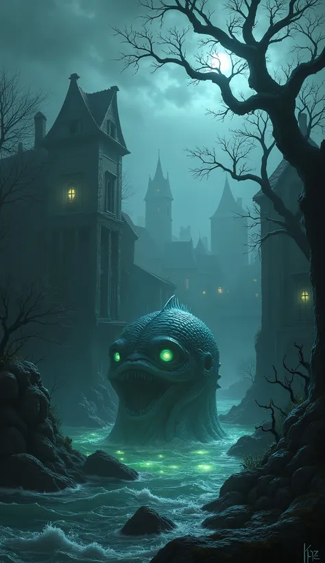 Craft a haunting scene depicting the Deep Ones emerging from the shadowy depths of a fog-laden coastal village. The water is murky and turbulent, with eerie bioluminescent creatures flickering beneath the surface. The Deep Ones, with their grotesque, amphi...