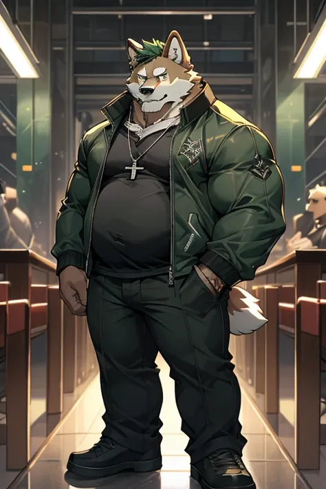 Anthropomorphic gray shiba inu (dark green pupils in the eyes,handsome, dark green hair,dad-bod),chubby belly,muscular arms,muscular legs,dark green cross necklace,cool poses,7561 tall,strong,dark green scar in the eye,black and dark green cool jacket(blac...