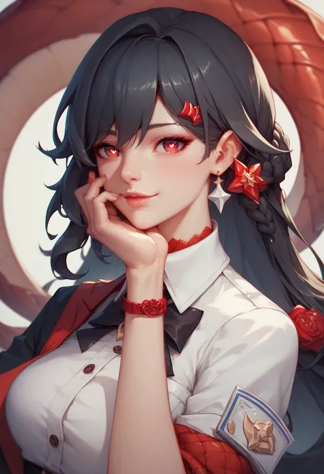  A girl with long black hair ,  red eyes with heart-shaped pupils , extremely beautiful,  with red scales on the cheeks and neck , with elven ears , dressed as an employee from the Honkai Star Rail Alchemy Commission