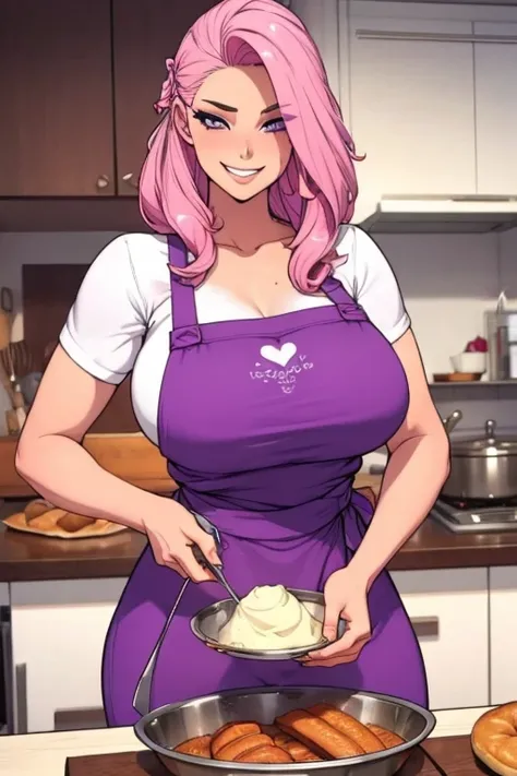 Perfect face. Perfect hands. A pink haired woman with violet eyes and an hourglass figure in a sexy apron is baking in the kitchen with a big smile