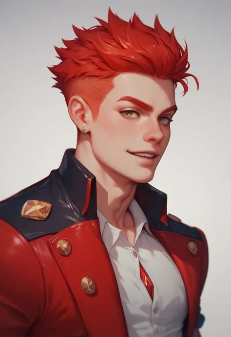 Redhead boy, red irises, glowing red irises, spiky red hair