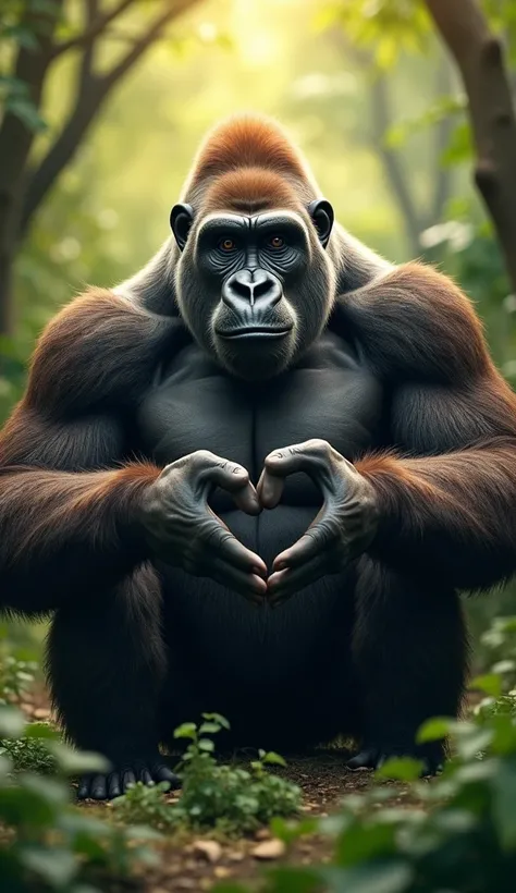 A gorilla making a heart with its hands. The gorilla has a gentle expression on its face, and its strong arms are firmly forming the shape of a heart. The background is nature, with a lush green forest. The gorillas fur is realistically depicted, and its t...