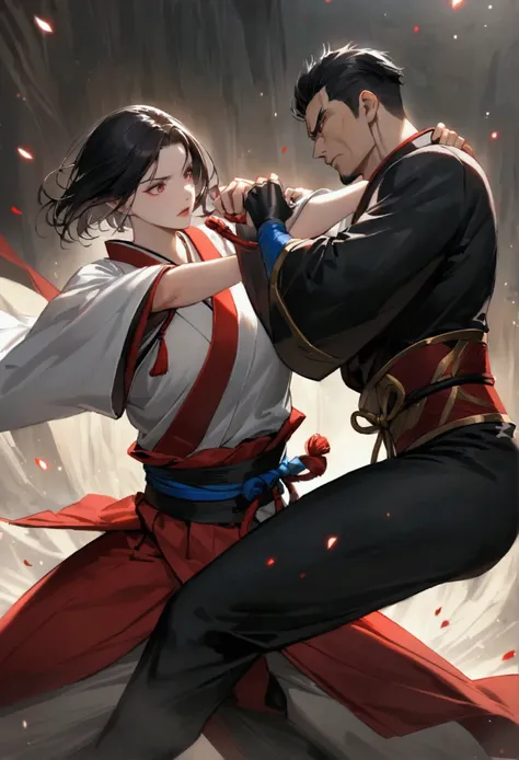 Japanese martial artist fight ,  a man wearing a black kimono with red details with short hair ,  a man wearing white kimono with blue details and long black hair,  a woman wearing black clothing with gold and red details  