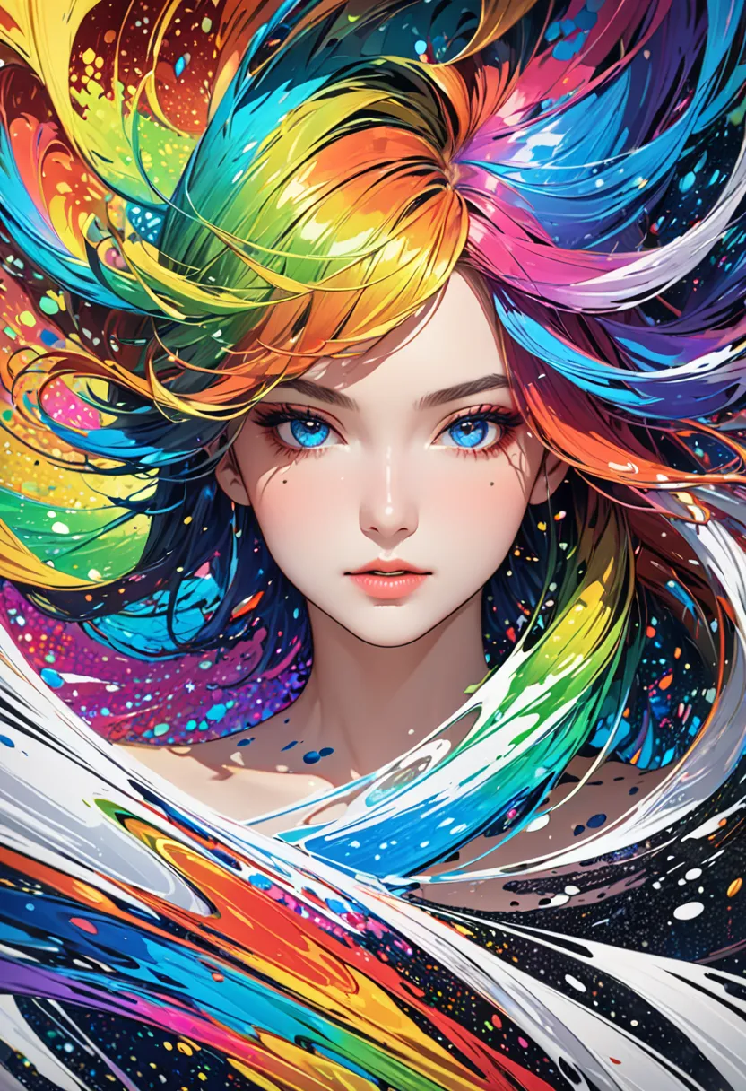 Capture the spirit of the wind 、 liquid ink thaws and becomes a pointillism vortex ,   crossing the spectrum of multiple random colors , 4K Concept Art, 極端な詳細, Complex, Glittering canvas, Movement, dynamic, Sharp and glossy focus, create a perfect female face with Complex detail, Gorgeous,  best quality, masterpiece