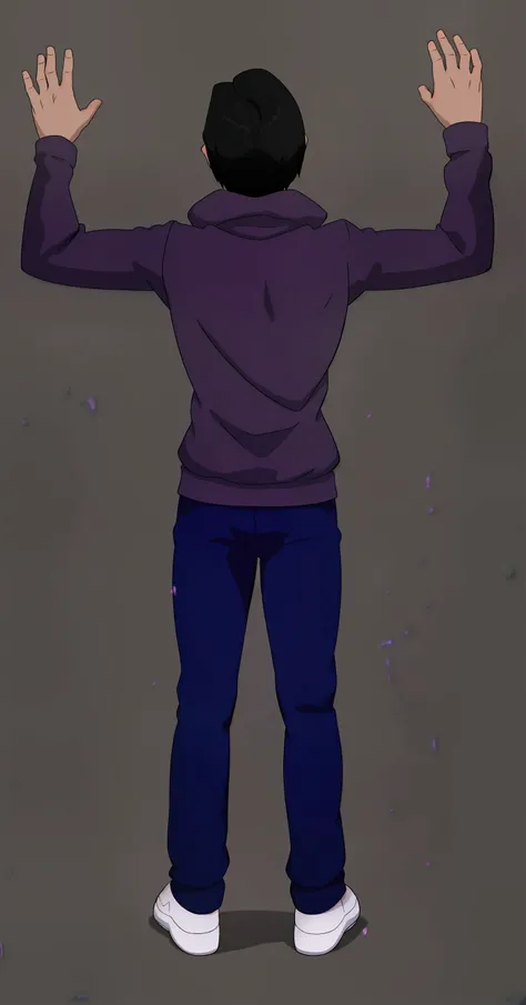 A young American man wearing a purple sweatshirt,  black hair , depressive (MICHAEL AFTON DE FNAF)