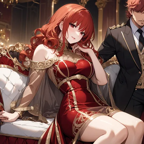 The woman who is the mistress of the mafia is a beautiful red-haired Celica, wears a luxurious golden see-through bodycon dress with vulgar flashiness, is dressed with luxurious accessories, and is happily snuggled up together on a luxurious sofa while bei...