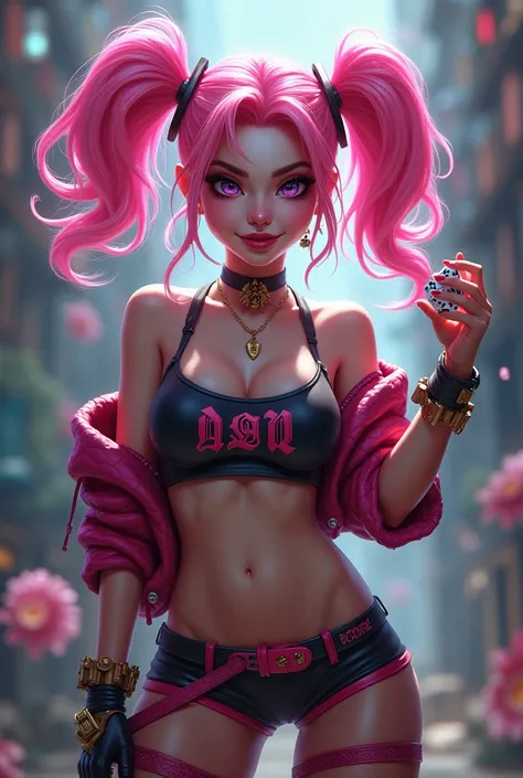  A character similar to Harley Quim pink hair,holding dice in one of her hands