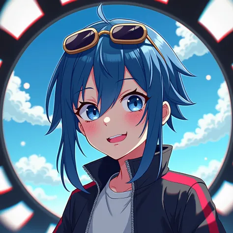 1boy,Blue Hair, Long Hair, Closed Mouth, Wide Eyes, Naughty Face, Cowboy Shot, Border, Perspective, Sunglasses, Optical Illusion, Stereogram, Anime Style, Cinematic, HD, 360 View, C4D, 8K Octane, dressed in a sports jacket 