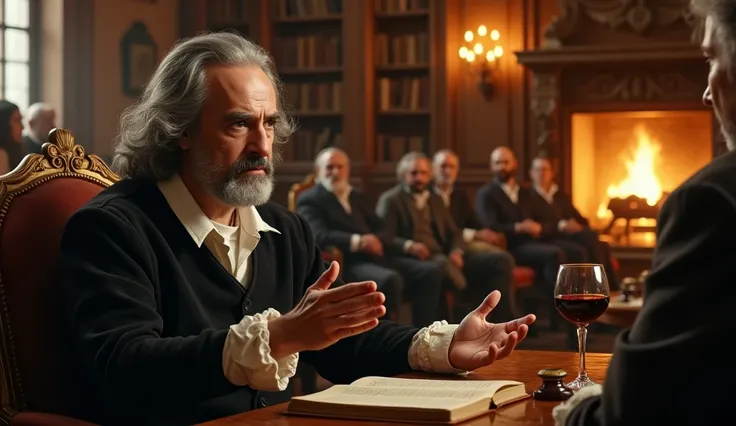 A hyper-photorealistic scene of Thomas Hobbes in a lively 17th-century salon, captured mid-conversation as he passionately discusses political philosophy. Hobbes is portrayed as an older man with thinning gray hair flowing to his shoulders, a neatly groome...