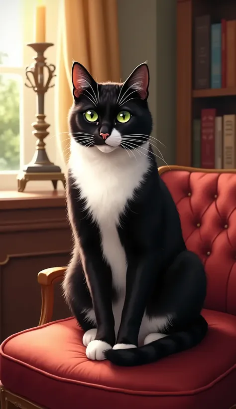 Create a detailed illustration of a sophisticated adult tuxedo cat sitting gracefully on a plush velvet cushion. The cat has striking green eyes and a shiny black and white coat, with distinct markings that highlight its elegant features. The background is...