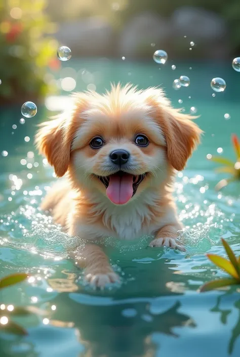 Imagine a relaxing scene featuring a little cute  , beautiful dog fully submerged in water, joyfully surrounded by sparkling bubbles. The image should be hyper-realistic, with a resolution close to 8K, capturing every detail of the animal, the bubbles, and...