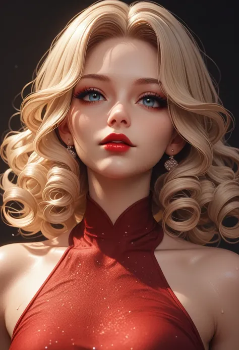 A low shot reveals her beauty, a sweaty white blonde, shiny red hair, curly styling, beautiful layers of hair, a beautiful detailed face with concentrated makeup, enlarged red lips, eyes outlined with concentrated eyeliner, prominent eyelashes, wearing a v...