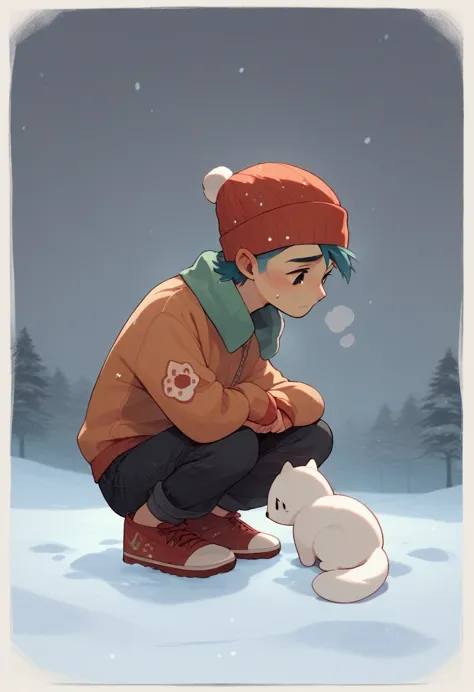 a crouched boy , with a fluffy white puppy in his hands, in winter, sad colors, cold, yellows