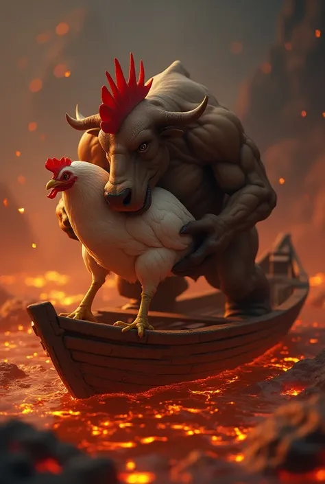 a muscular cow shaped and chicken clasped by the neck with its hand hanging in a sea of lava floating on a wooden Minecraft boat 