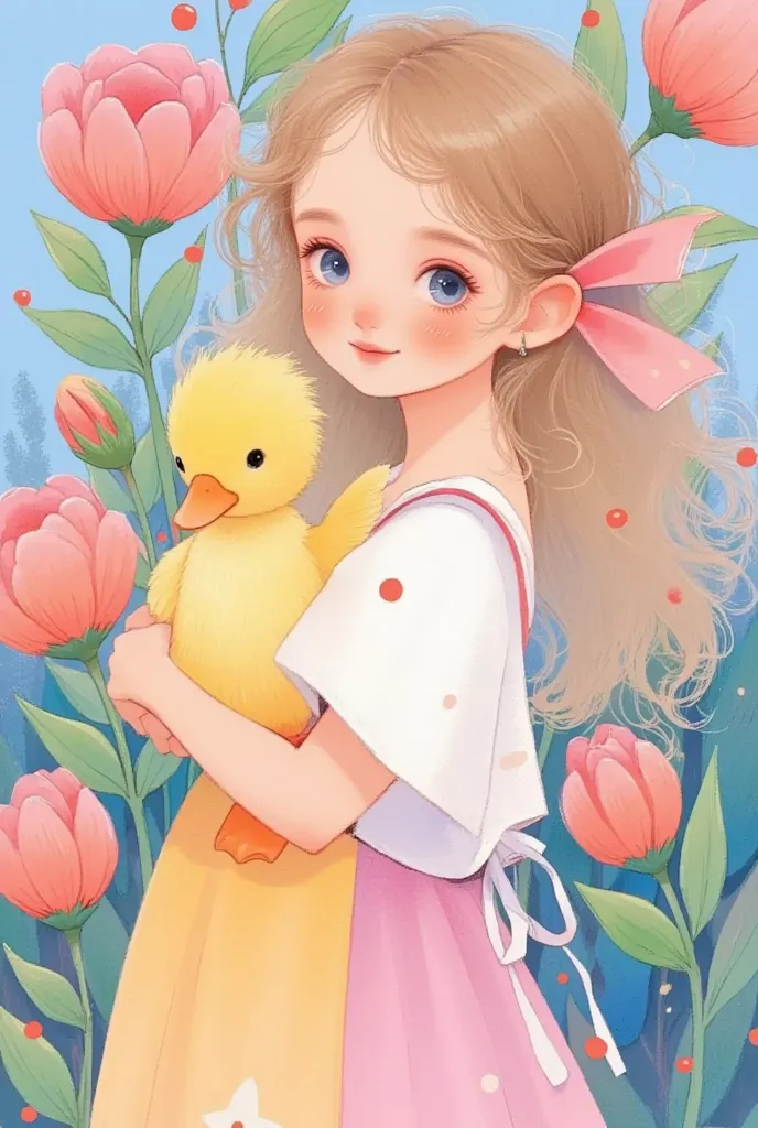 the breath of spring， colored pencil drawing ，sketch，a painting：closeup of a girl in a dress holding a duck, smile，flowers ,   p...