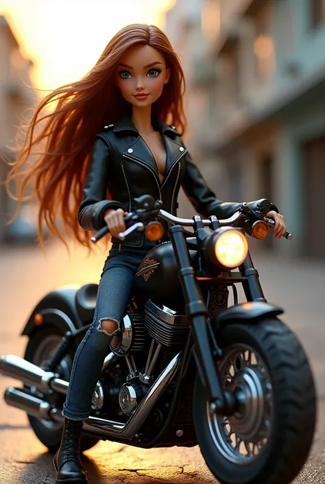 A brunette girl doll sits on an Outlaw Chopper motorcycle wearing a leather jacket 